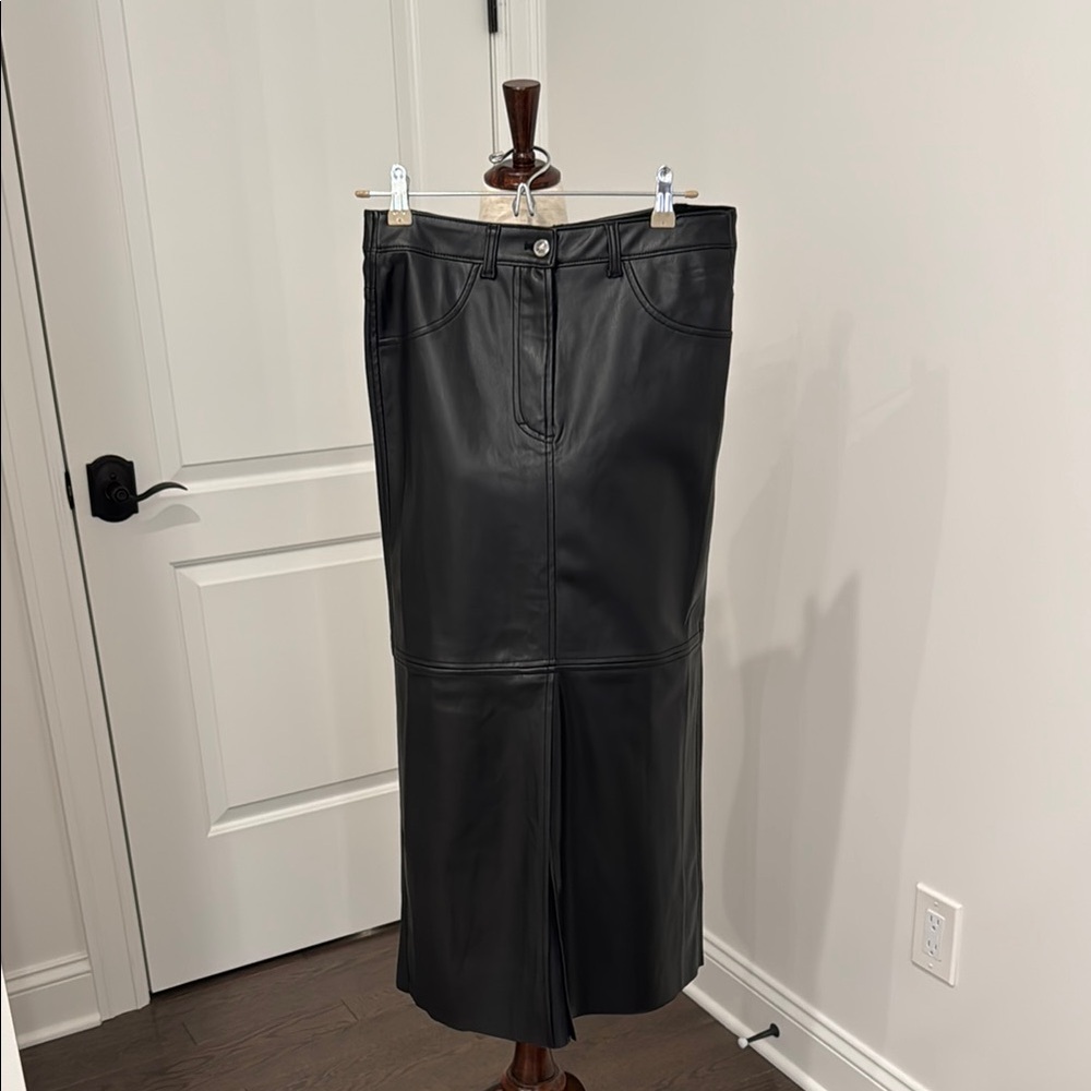 Max Studio Black Faux Leather Midi Skirt with Center Seam